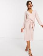 Asos Design Wrap Front Midi Dress With Tie Waist In Dusky Pink