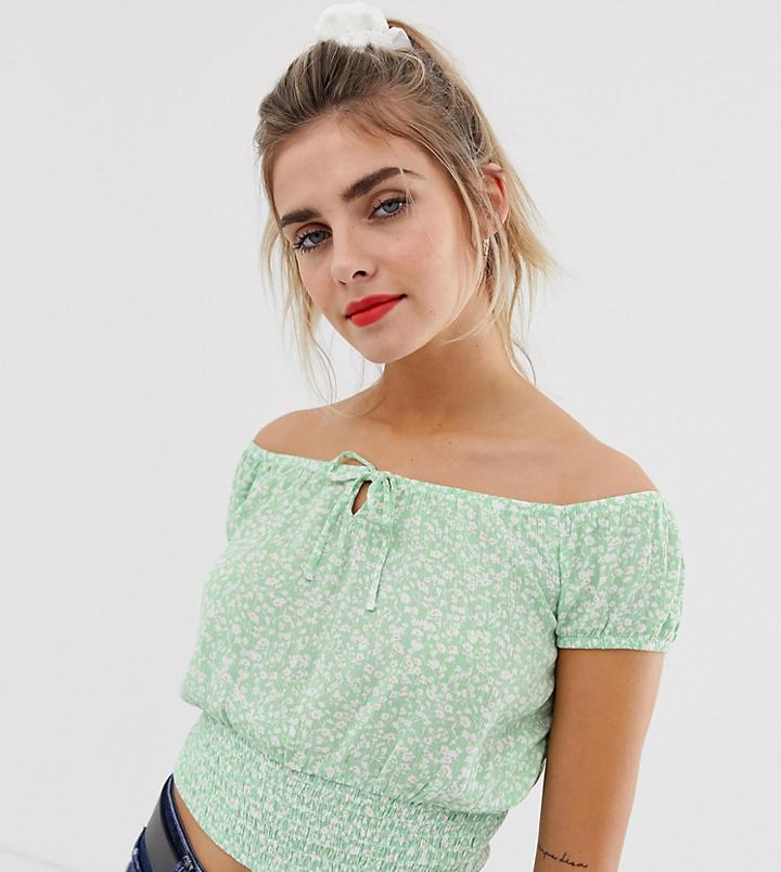 Bershka Printed Shirred Blouse In Green