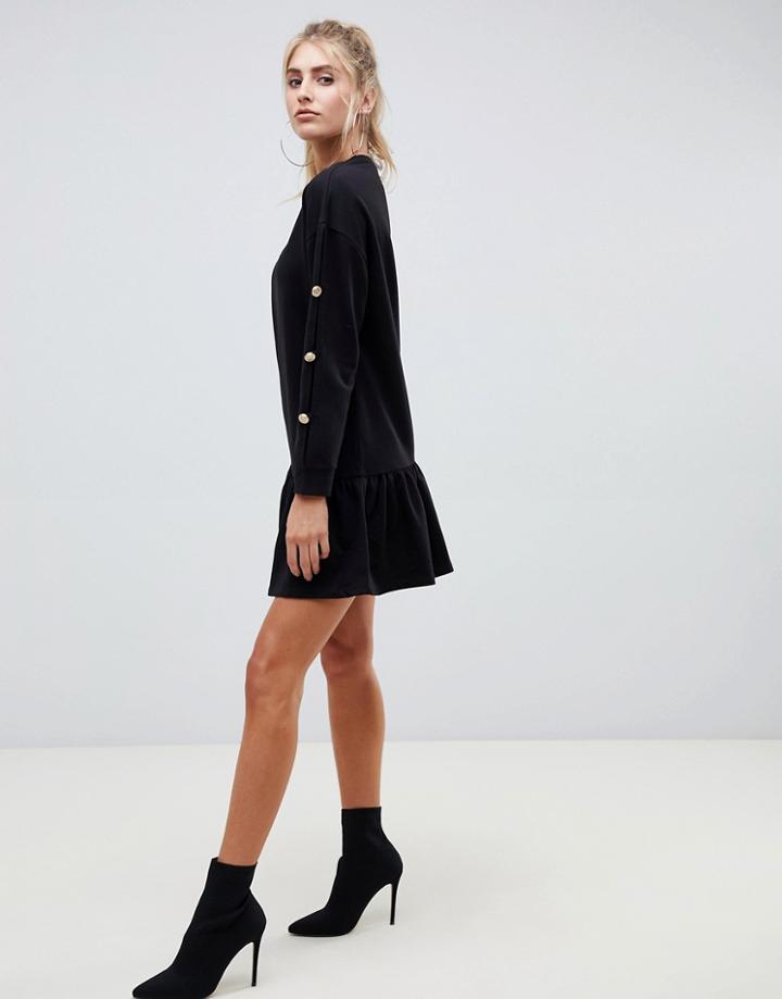 Asos Design Gold Button Pephem Sweat Dress With Split Sleeve-black