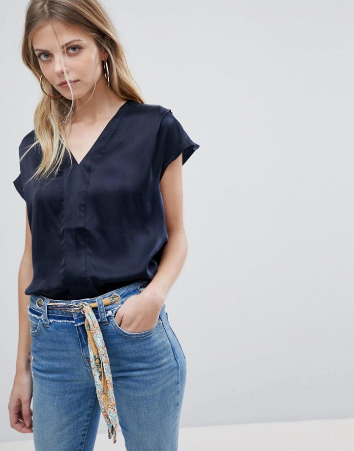 Vila V Neck Silky Top - Navy