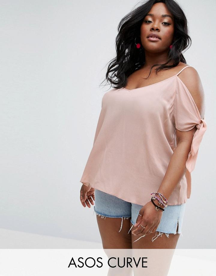 Asos Curve Cold Shoulder Cami In Crinkle With Tie Sleeve - Pink