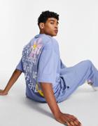 Asos Daysocial Set Oversized T-shirt With Front And Back Flower Graphic Print In Blue-blues