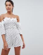 Prettylittlething Cold Shoulder Polka Dot Romper - White