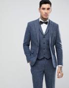 Asos Slim Suit Jacket In 100% Wool Harris Tweed In Blue Mini Check - Blue