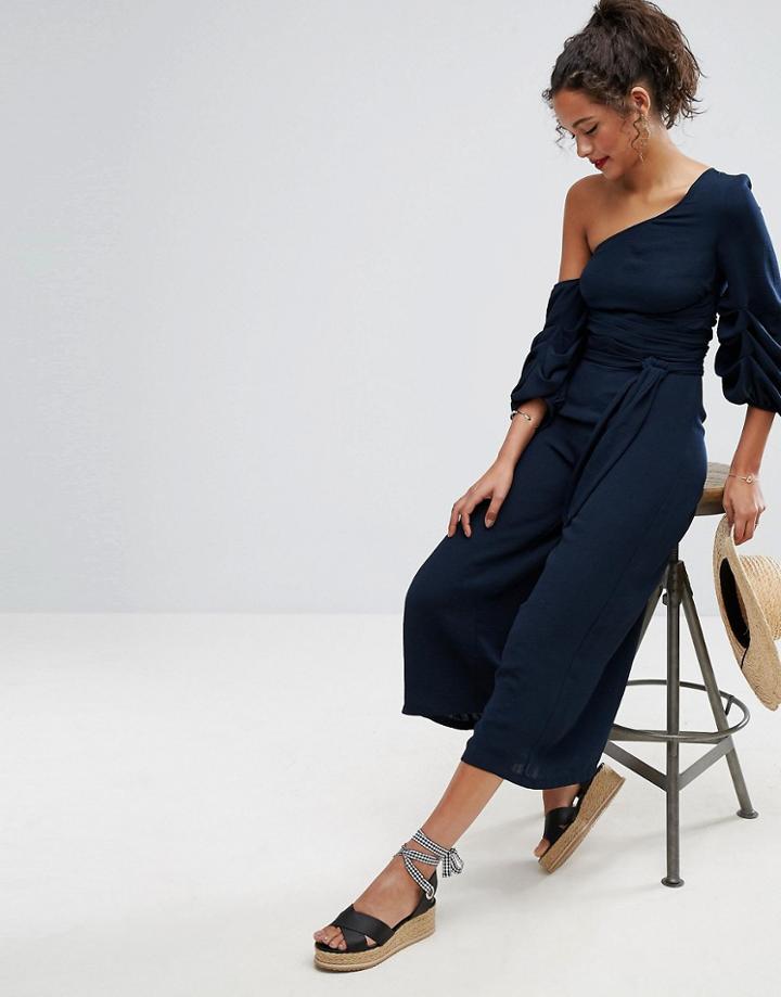 Asos One Shoulder Jumpsuit With Extreme Sleeve - Navy
