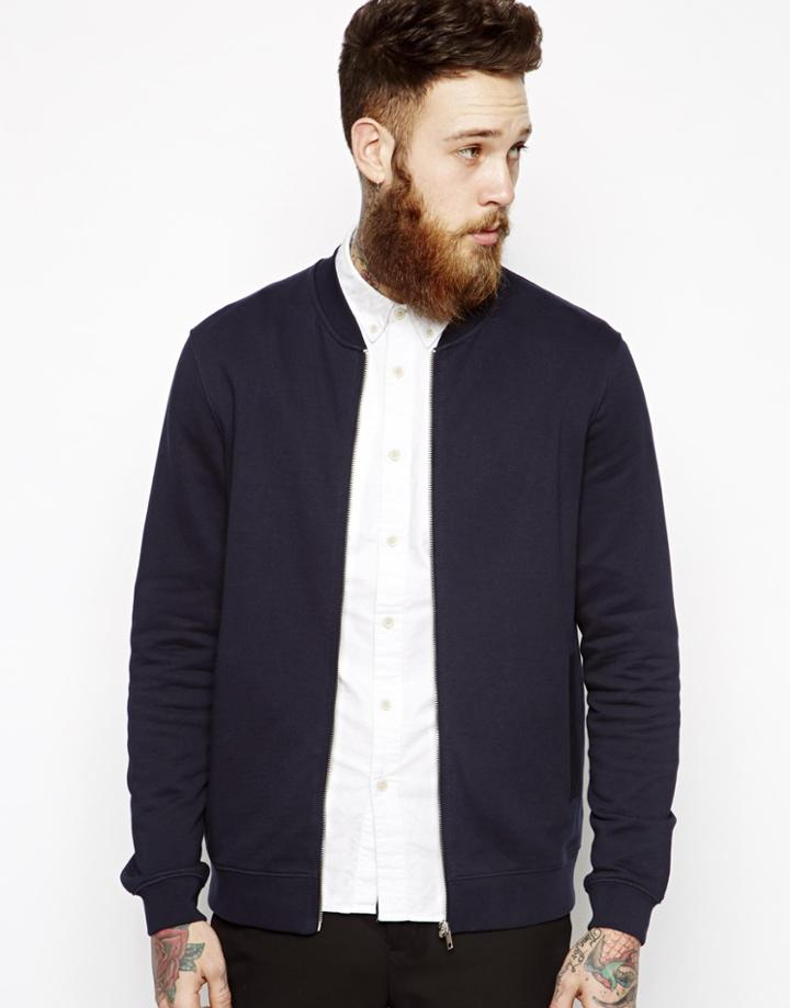 Asos Bomber Jacket In Jersey - Navy