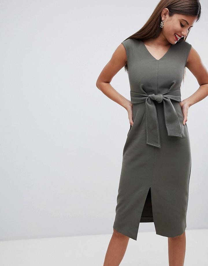 Closet London Dress With Waist Tie - Green