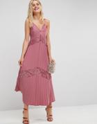 Asos Pleated Maxi Dress With Lace Inserts - Pink