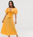 Y.a.s Petite Cotton Volume Sleeve Tie Front Midi Dress - Yellow