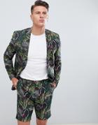 Asos Skinny Suit Jacket In Green Botanical Print In Linen Look - Green