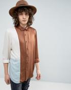 Asos Regular Fit Cut And Sew Shirt In Drape Fabric In Brown Cream And Teal - Multi