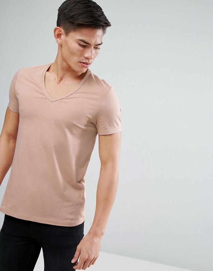 Asos T-shirt With Deep V In Beige - Beige