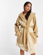 Topshop Hooded Fur And Fleece Stripe Robe In Oat-white