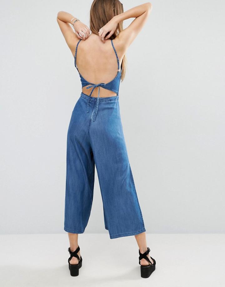 Asos Denim Backless Jumpsuit With Split Culotte - Blue