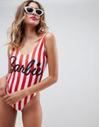 Missguided Barbie Stripe Swimsuit - Red