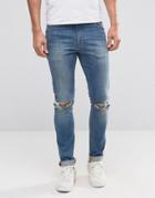Asos Super Skinny Jeans In Mid Blue Wash With Knee Rips - Blue