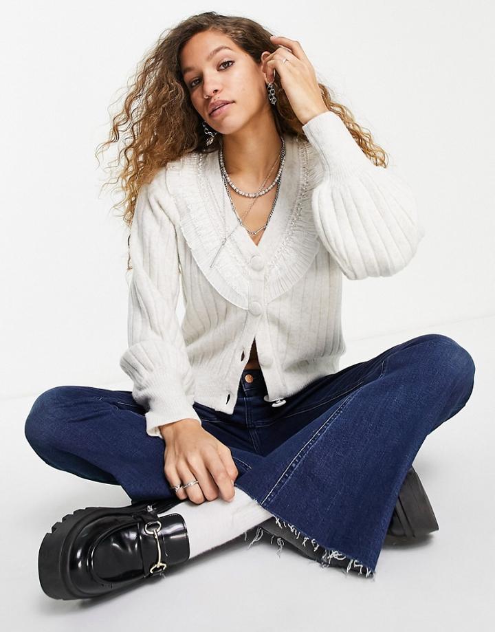 Object Recycled Blend Cardigan With Ruffle Detail In Cream-white