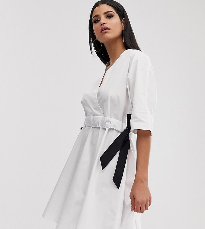 Asos Design Tall V Front V Back Ruched Waist Mini Smock Dress - White