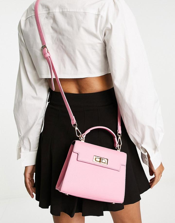 Asos Design Lock Detail Bag With Top Handle And Detachable Crossbody Strap In Pink