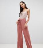 Missguided Tall Exclusive Tall Tie Waist Wide Leg Pants In Mocha - Brown