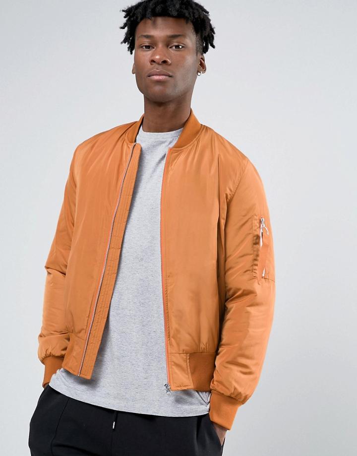 Asos Bomber Jacket In Orange With Ma1 Pocket And Contrast Lining - Orange
