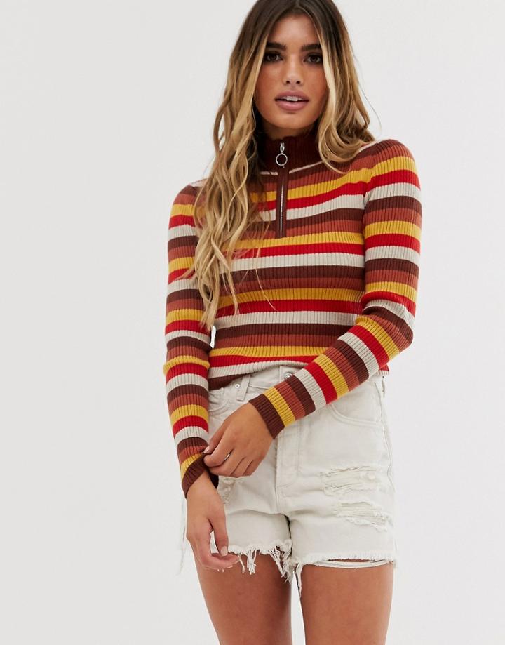 Pieces Stripe Knit Zip Up Top