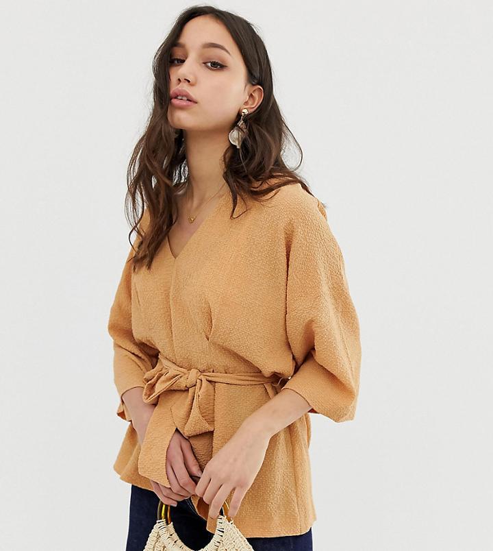 Asos Design Tall Textured Oversized Top With V Neck And Tie Waist - Brown