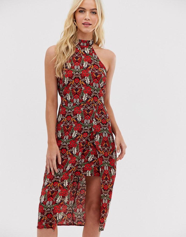 Ax Paris High Neck Side Split Midi Dress - Red