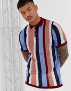 Asos Design Knitted Vertical Stripe Polo T-shirt-multi