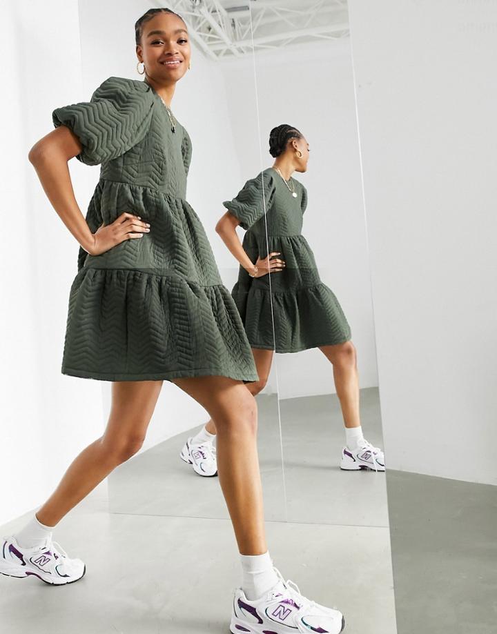 Asos Edition Tiered Quilted Mini Smock Dress In Olive Green
