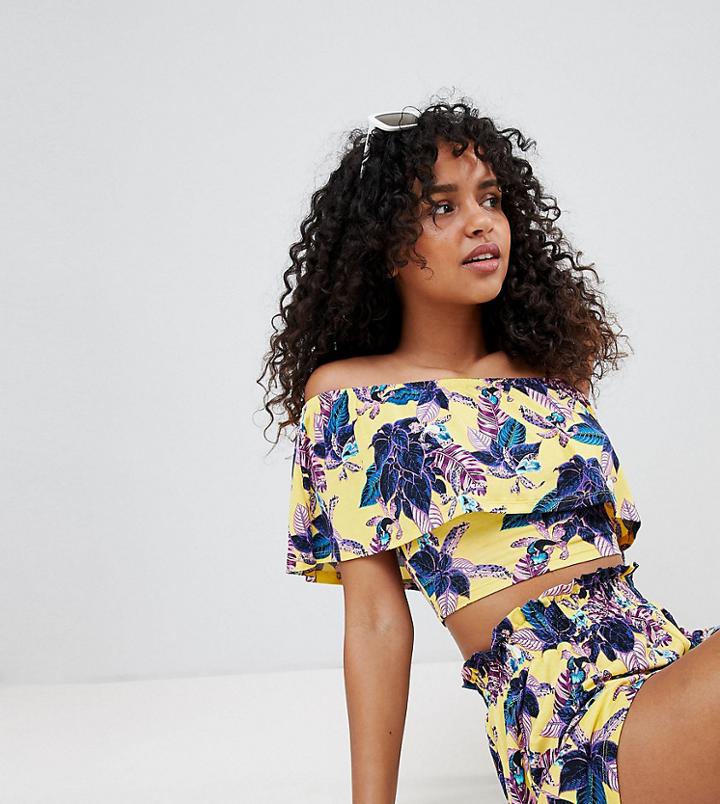 Monki Tropical Print Off The Shoulder Beach Top In Yellow Tropical - Multi
