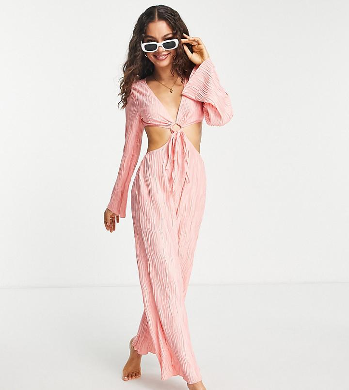 Asos Design Petite Cut Out Beach Plisse Jumpsuit In Coral-orange