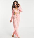 Asos Design Petite Cut Out Beach Plisse Jumpsuit In Coral-orange