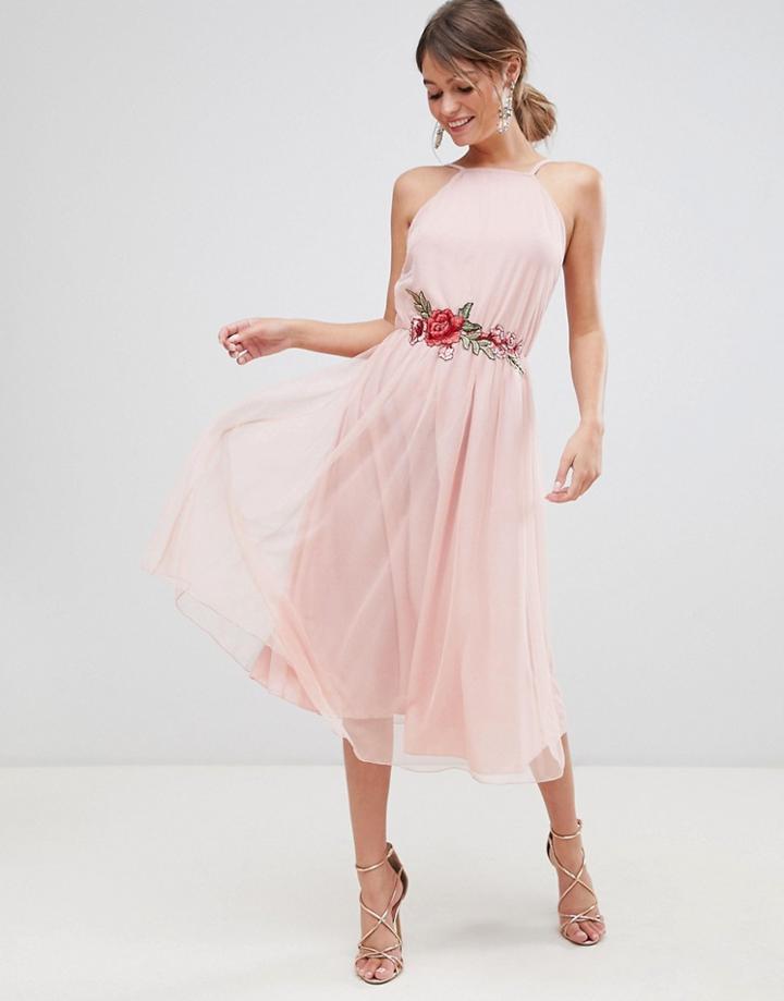 Asos Design Tulle Midi Dress With Applique Trim - Pink