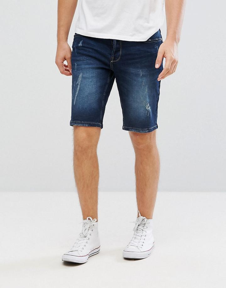Only & Sons Slim Fit Denim Shorts With Distress Detail - Blue