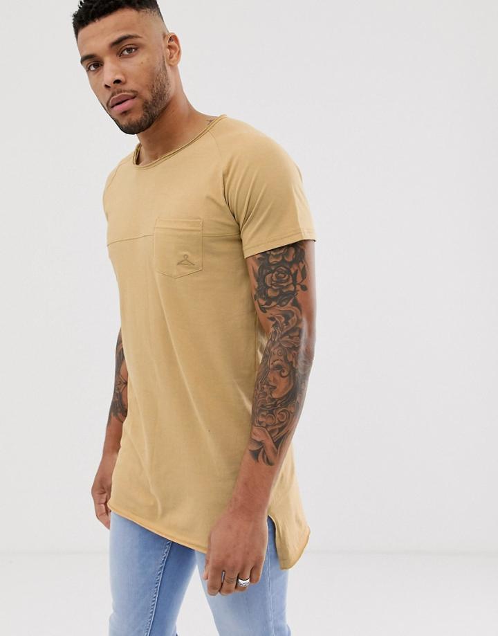 Soul Star Longline Raw Edge Pocket T-shirt In Tan