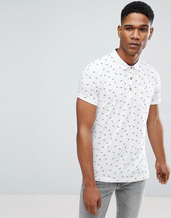 Brave Soul All Over Bird Print Polo - White