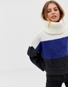Only Jeana Color Block Rollneck Sweater In Wool Blend - Navy