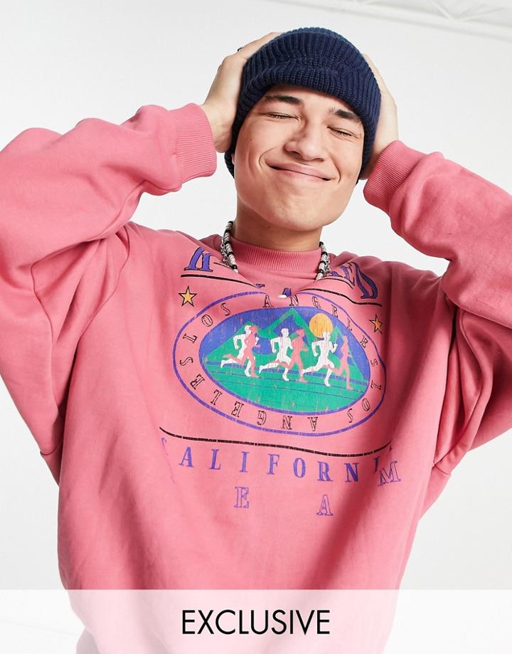 Reclaimed Vintage Inspired Unisex Sweatshirt With Running Graphic In Washed Pink