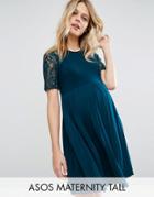 Asos Maternity Tall Pleat And Lace Mini Dress - Green