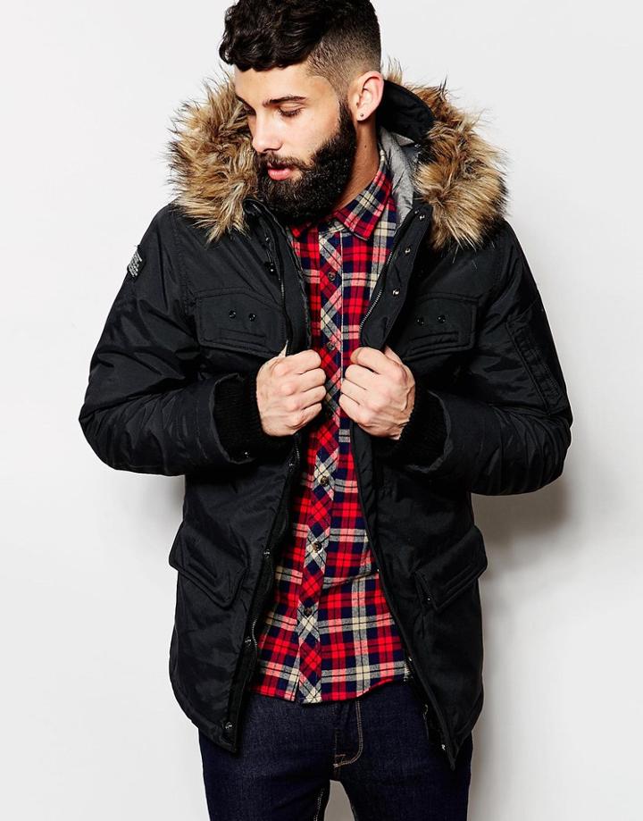 Schott Parka With 4 Pockets & Faux Fur Trim - Black