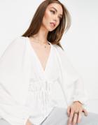 Asos Design Long Sleeve V Neck Top With Kimono Sleeve And Tie Front In Ivory-white