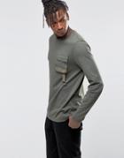 Asos Longline Long Sleeve T-shirt With Military Pocket - Khaki