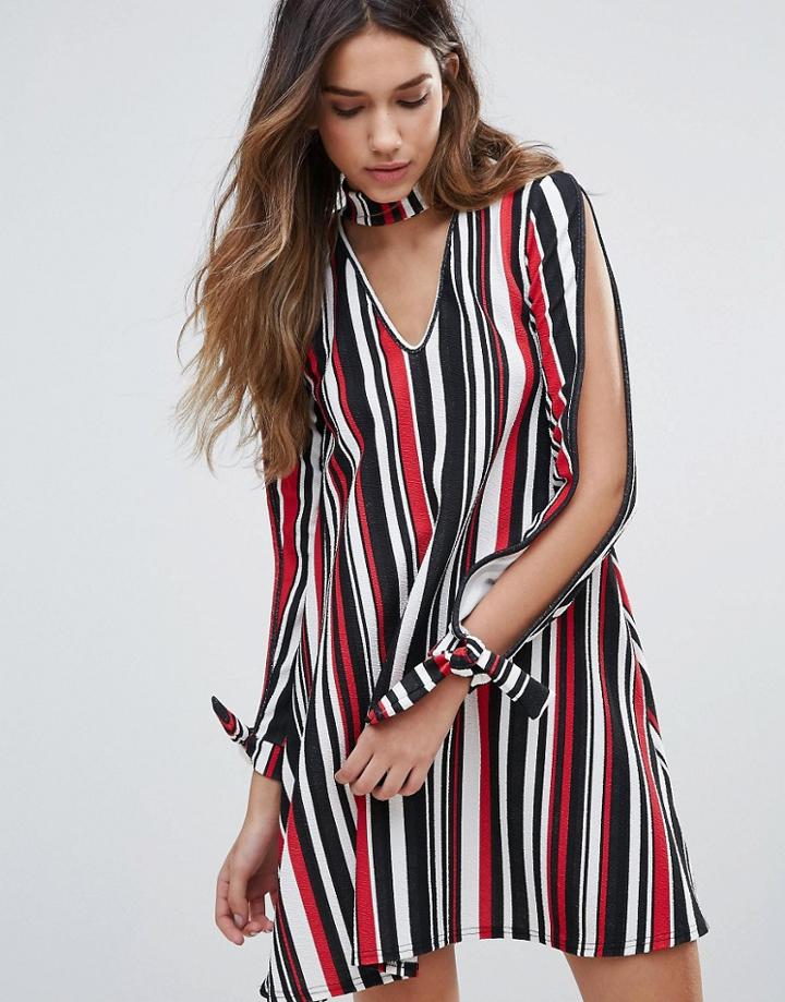 Daisy Street Shift Dress With Open Sleeve And Choker Neckline - Multi