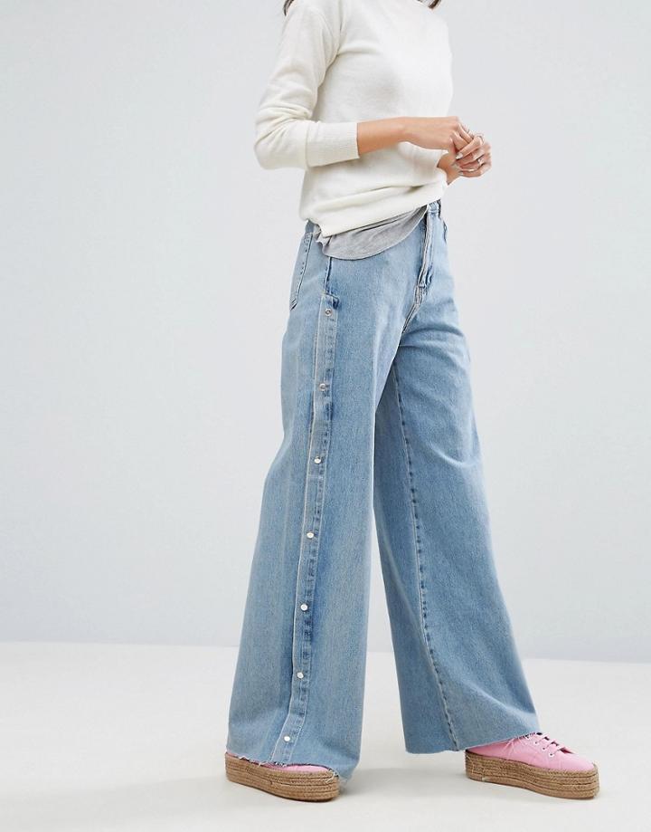 Pull & Bear Wide Leg Popper Detail Jeans - Blue