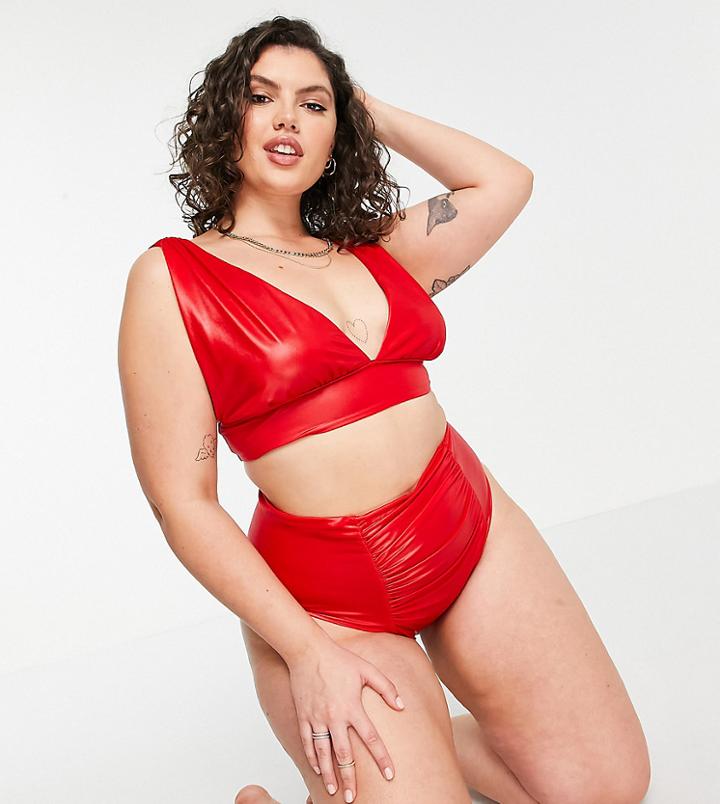 Asos Design Curve Gathered Deep Wrap Crop Bikini Top In Red