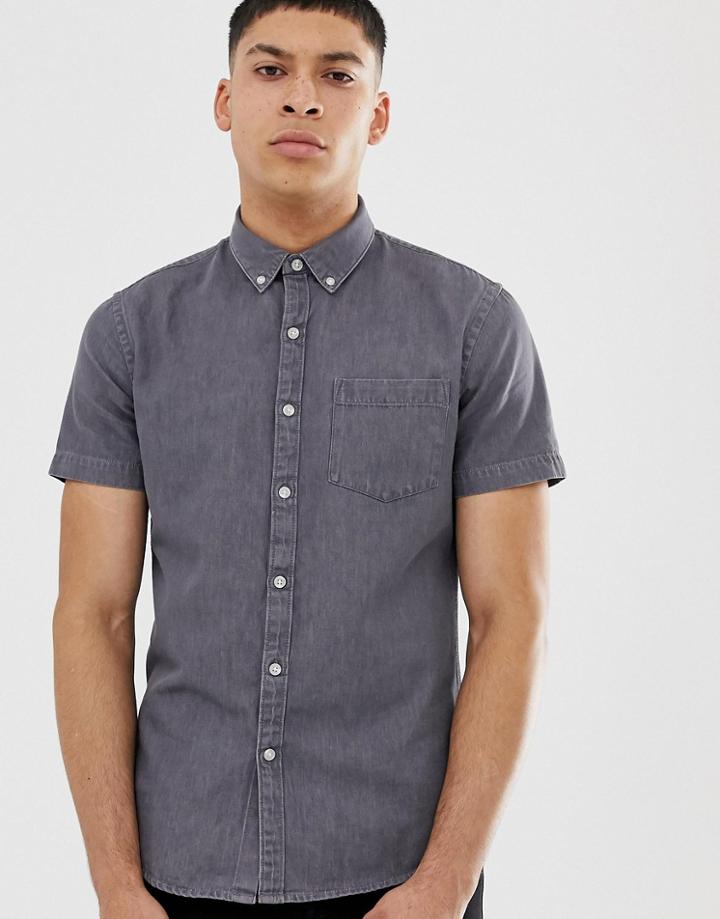 New Look Regular Fit Short Sleeve Denim Shirt In Gray Wash - Gray