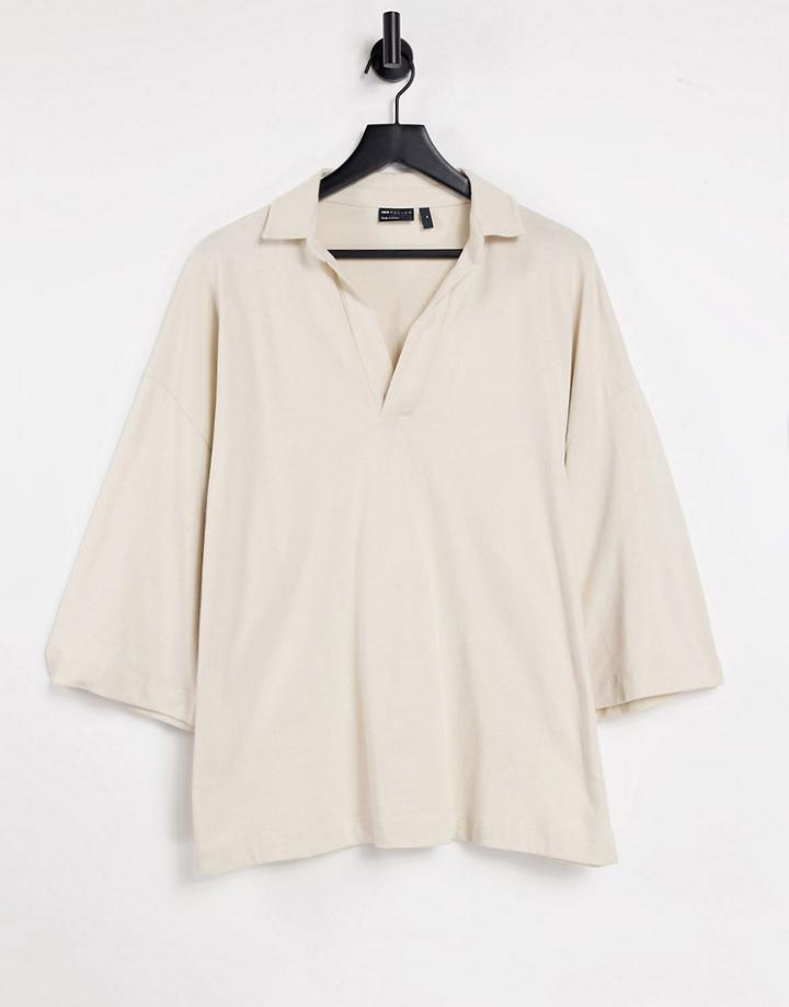 Asos Design Oversized Revere Polo Top With Half Sleeve In Beige-neutral