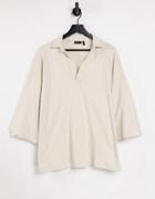 Asos Design Oversized Revere Polo Top With Half Sleeve In Beige-neutral