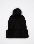 Asos Beanie In Black With Faux Fur Bobble - Black
